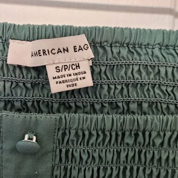 American Eagle Green Smocked Square Neck Crop Blouse Long Sleeve Women's Small - Picture 7 of 9